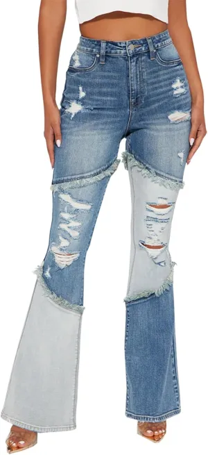 SheKiss Boyfriend Stretchy Jeans for Women - Distressed Frayed High Waisted Trendy Denim Blue Jeans