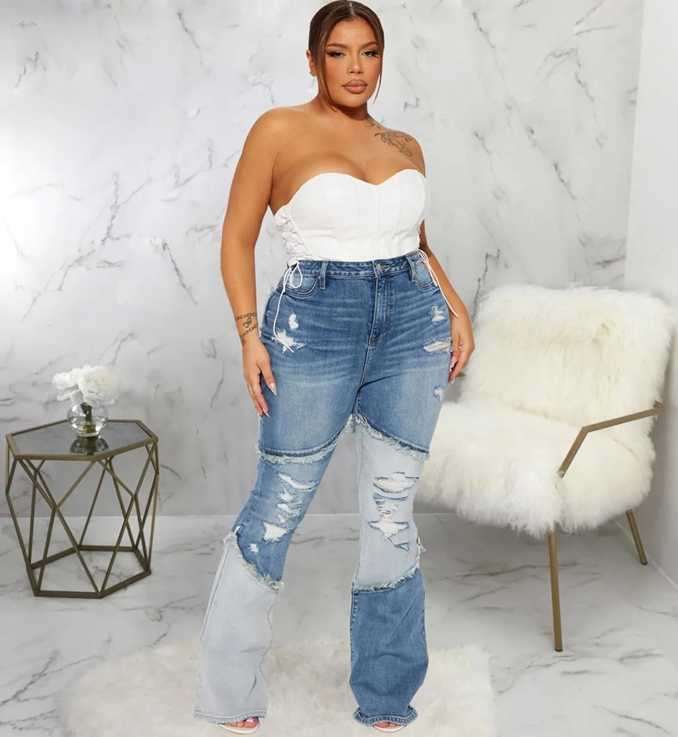 SheKiss Boyfriend Stretchy Jeans for Women - Distressed Frayed High Waisted Trendy Denim Blue Jeans