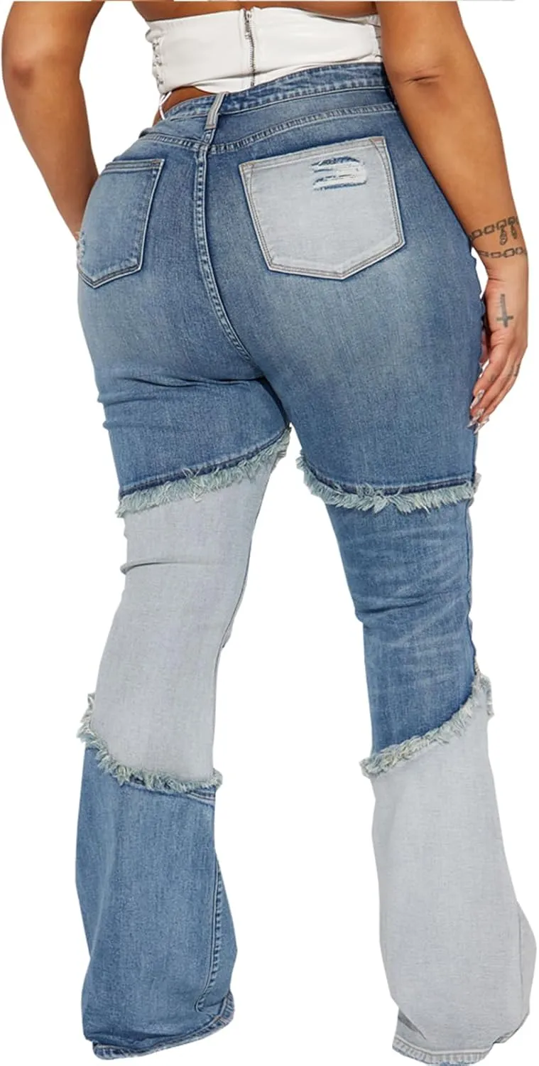 SheKiss Boyfriend Stretchy Jeans for Women - Distressed Frayed High Waisted Trendy Denim Blue Jeans