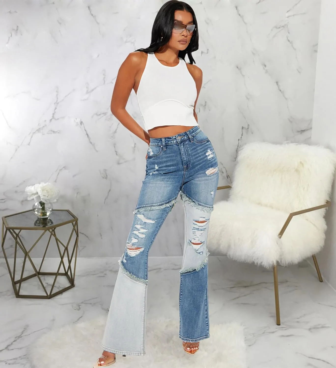 SheKiss Boyfriend Stretchy Jeans for Women - Distressed Frayed High Waisted Trendy Denim Blue Jeans