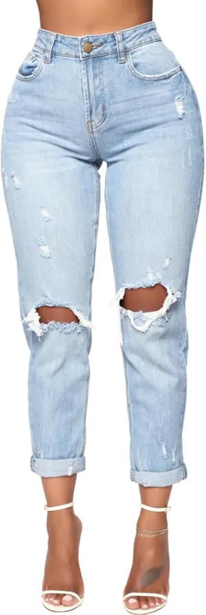 SheKiss Boyfriend Stretchy Jeans for Women - Distressed Frayed High Waisted Trendy Denim Blue Jeans