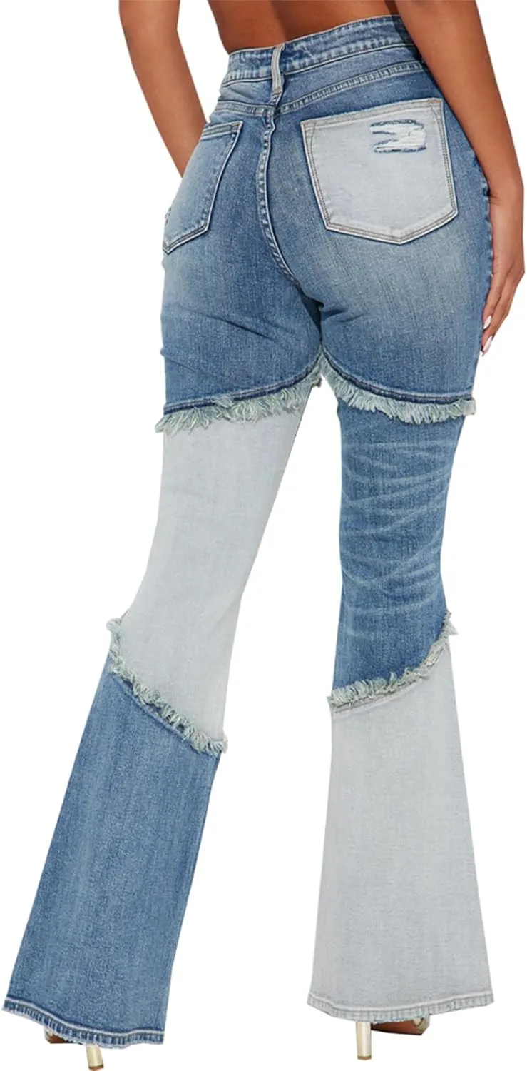 SheKiss Boyfriend Stretchy Jeans for Women - Distressed Frayed High Waisted Trendy Denim Blue Jeans