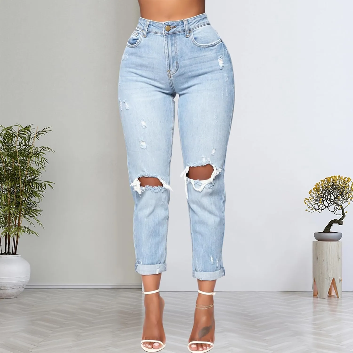SheKiss Boyfriend Stretchy Jeans for Women - Distressed Frayed High Waisted Trendy Denim Blue Jeans