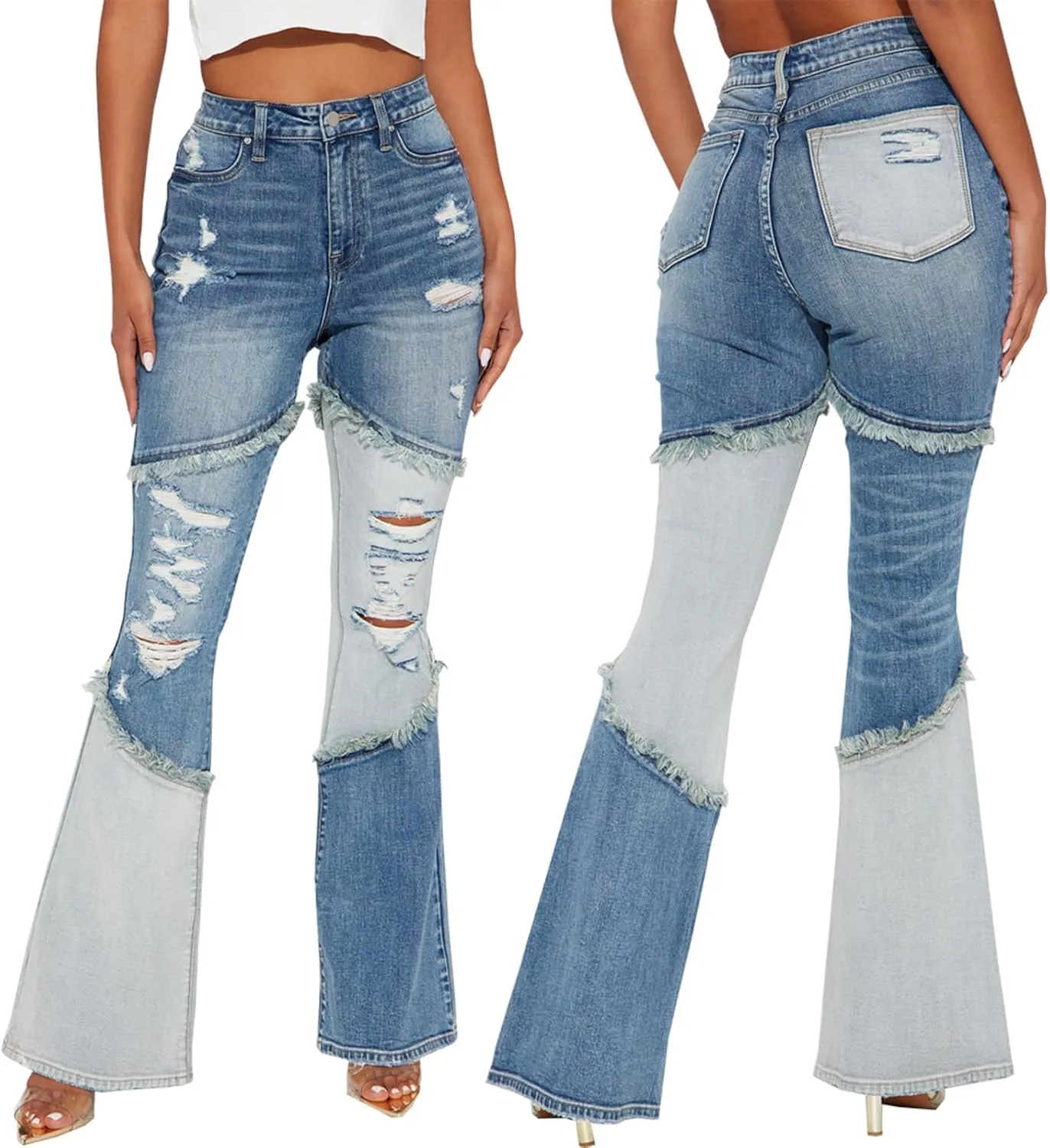 SheKiss Boyfriend Stretchy Jeans for Women - Distressed Frayed High Waisted Trendy Denim Blue Jeans