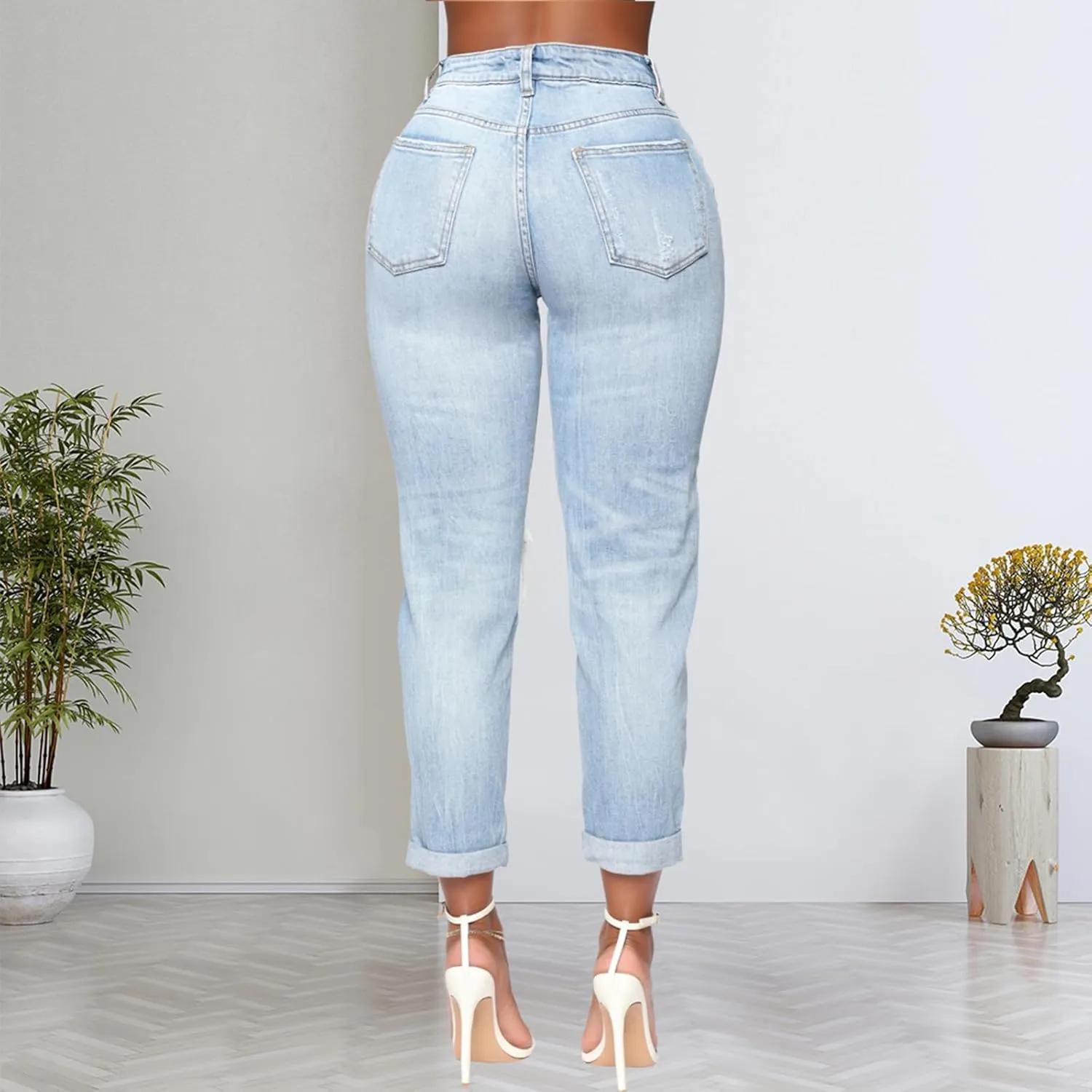 SheKiss Boyfriend Stretchy Jeans for Women - Distressed Frayed High Waisted Trendy Denim Blue Jeans