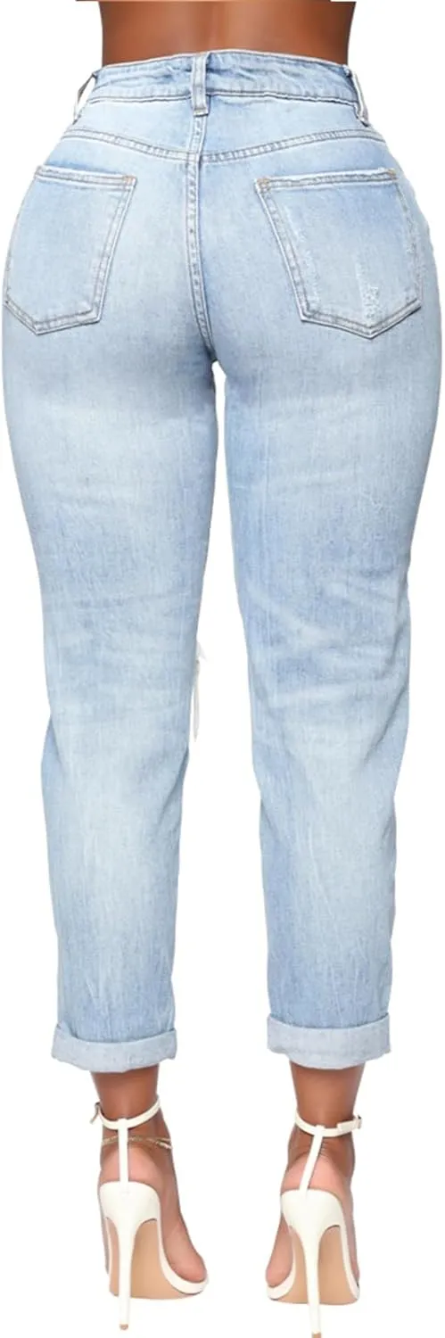 SheKiss Boyfriend Stretchy Jeans for Women - Distressed Frayed High Waisted Trendy Denim Blue Jeans
