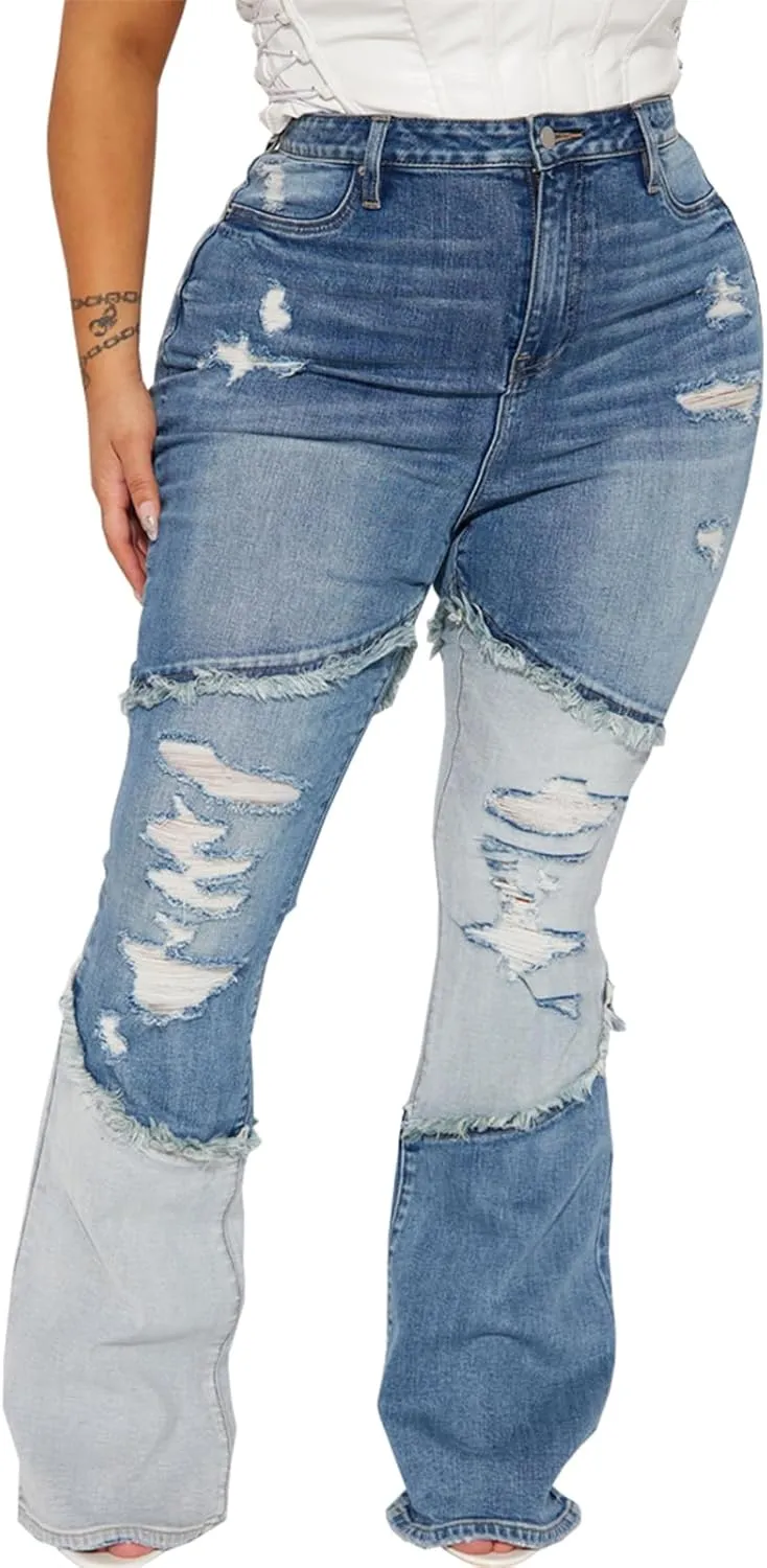 SheKiss Boyfriend Stretchy Jeans for Women - Distressed Frayed High Waisted Trendy Denim Blue Jeans