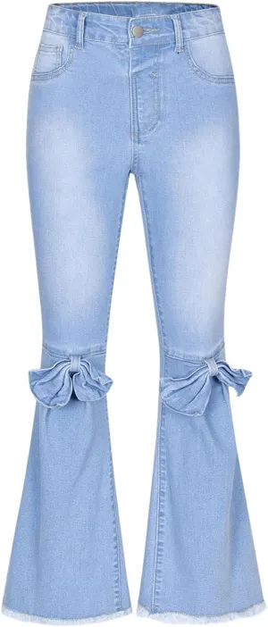 SHENHE Girl's Bell Bottom Flare Leg Jeans Bowknot Raw Hem Denim Pants Casual Jean Pants
