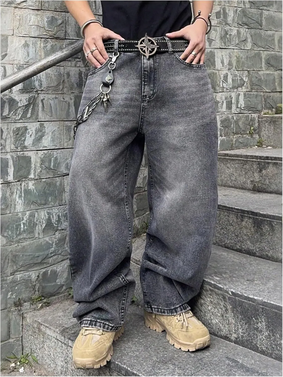 SHENHE Men's Wide Leg Jeans Vintage Baggy Jeans Casual Loose Fit Denim Pants with Pockets