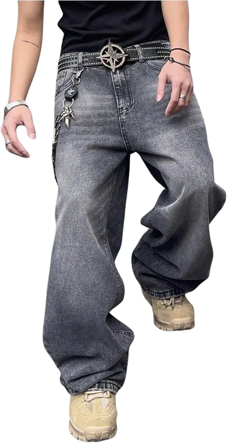 SHENHE Men's Wide Leg Jeans Vintage Baggy Jeans Casual Loose Fit Denim Pants with Pockets