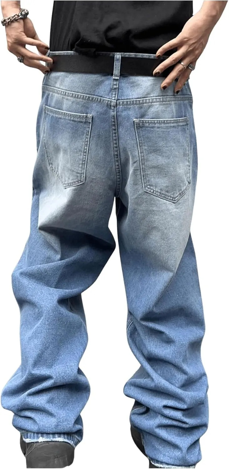 SHENHE Men's Wide Leg Jeans Vintage Baggy Jeans Casual Loose Fit Denim Pants with Pockets
