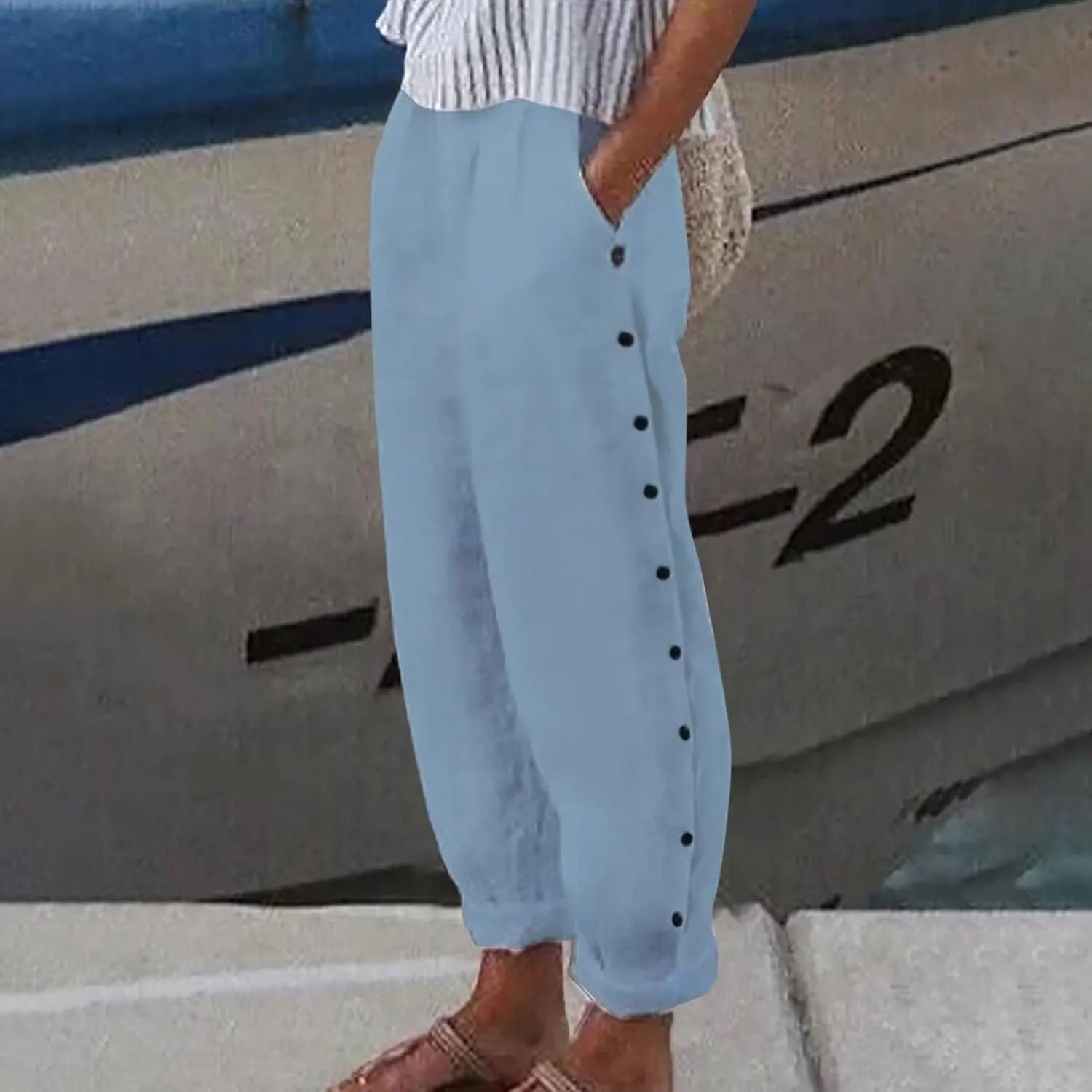 Side Button Pants Womens Striped Straight Leg Casual Pants Elastic Waist Baggy Trendy Trousers with Pockets