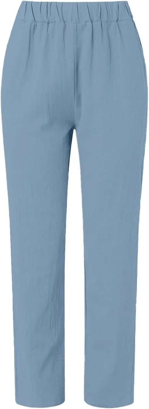 Side Button Pants Womens Striped Straight Leg Casual Pants Elastic Waist Baggy Trendy Trousers with Pockets