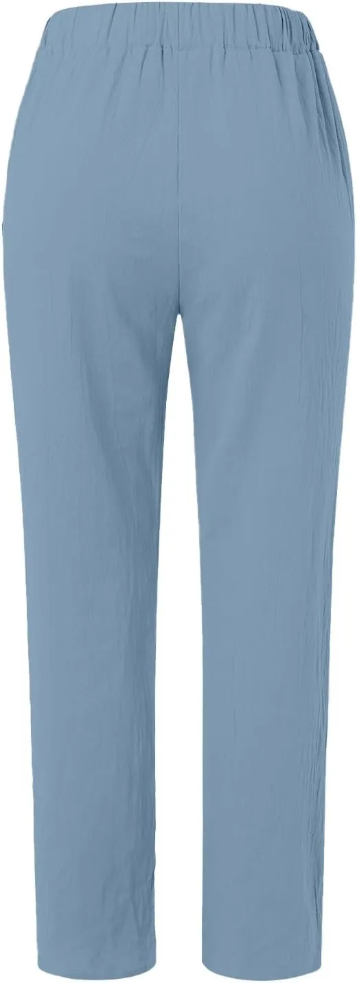 Side Button Pants Womens Striped Straight Leg Casual Pants Elastic Waist Baggy Trendy Trousers with Pockets