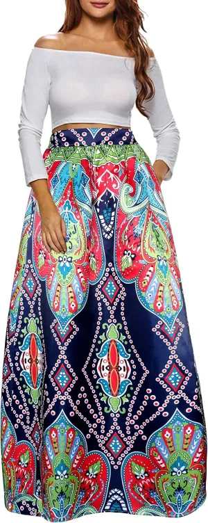 Sinono Women's African Printed Maxi Skirt Flared A Line Long Skirts