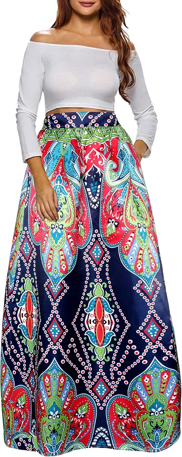 Sinono Women's African Printed Maxi Skirt Flared A Line Long Skirts