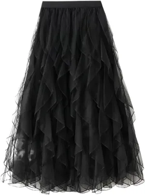 Skirt Women Elastic High Waist Mesh Skirt Female Casual Midi Long Pleated Skirt Lady