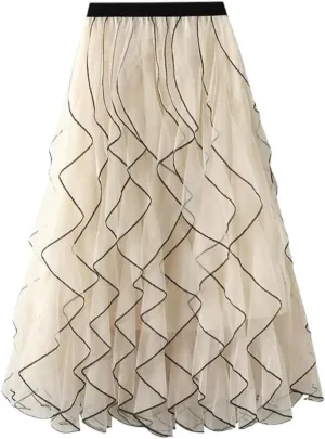 Skirt Women Elastic High Waist Mesh Skirt Female Casual Midi Long Pleated Skirt Lady