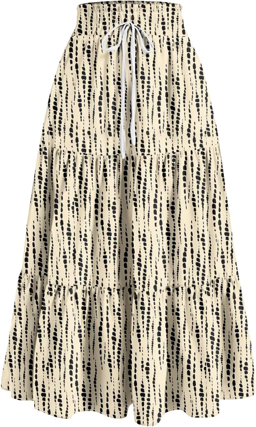 Skirts for Women Summer Tiered Elastic High Waisted Floral Skirt Vacation A Line Drawstring Flowy Long Skirts