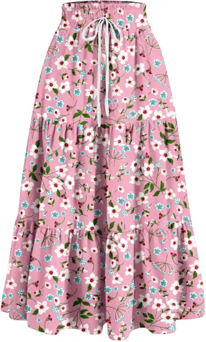 Skirts for Women Summer Tiered Elastic High Waisted Floral Skirt Vacation A Line Drawstring Flowy Long Skirts