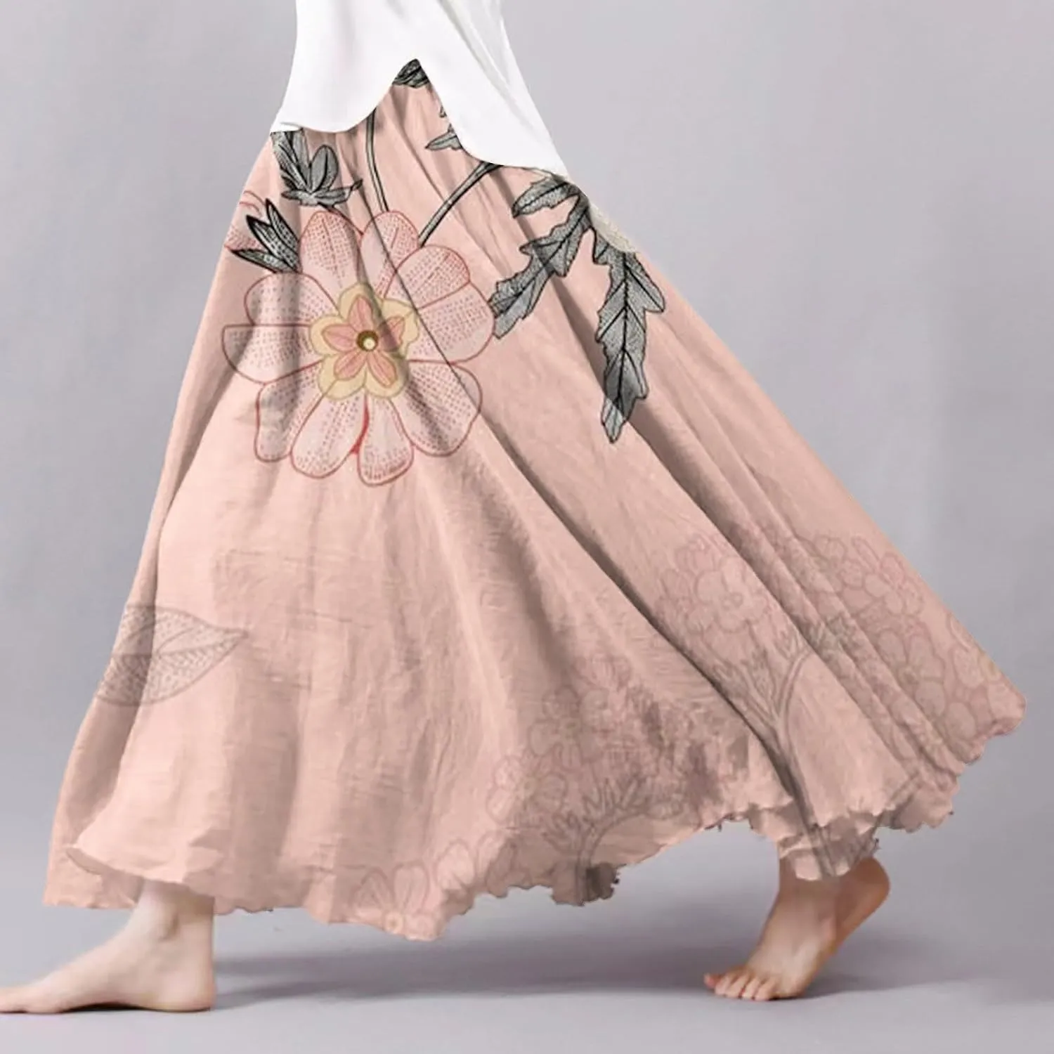 Skirts for Women Trendy Summer Fall Retro Floral Art Linen Elastic High Waist Tiered Long Maxi Skirt with Pockets