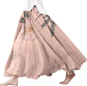 Skirts for Women Trendy Summer Fall Retro Floral Art Linen Elastic High Waist Tiered Long Maxi Skirt with Pockets