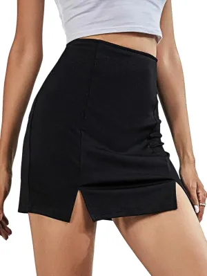 Slit Skirt for Women High Waist Sexy Mini Leg Slit Bodycon Skirts Stretchy