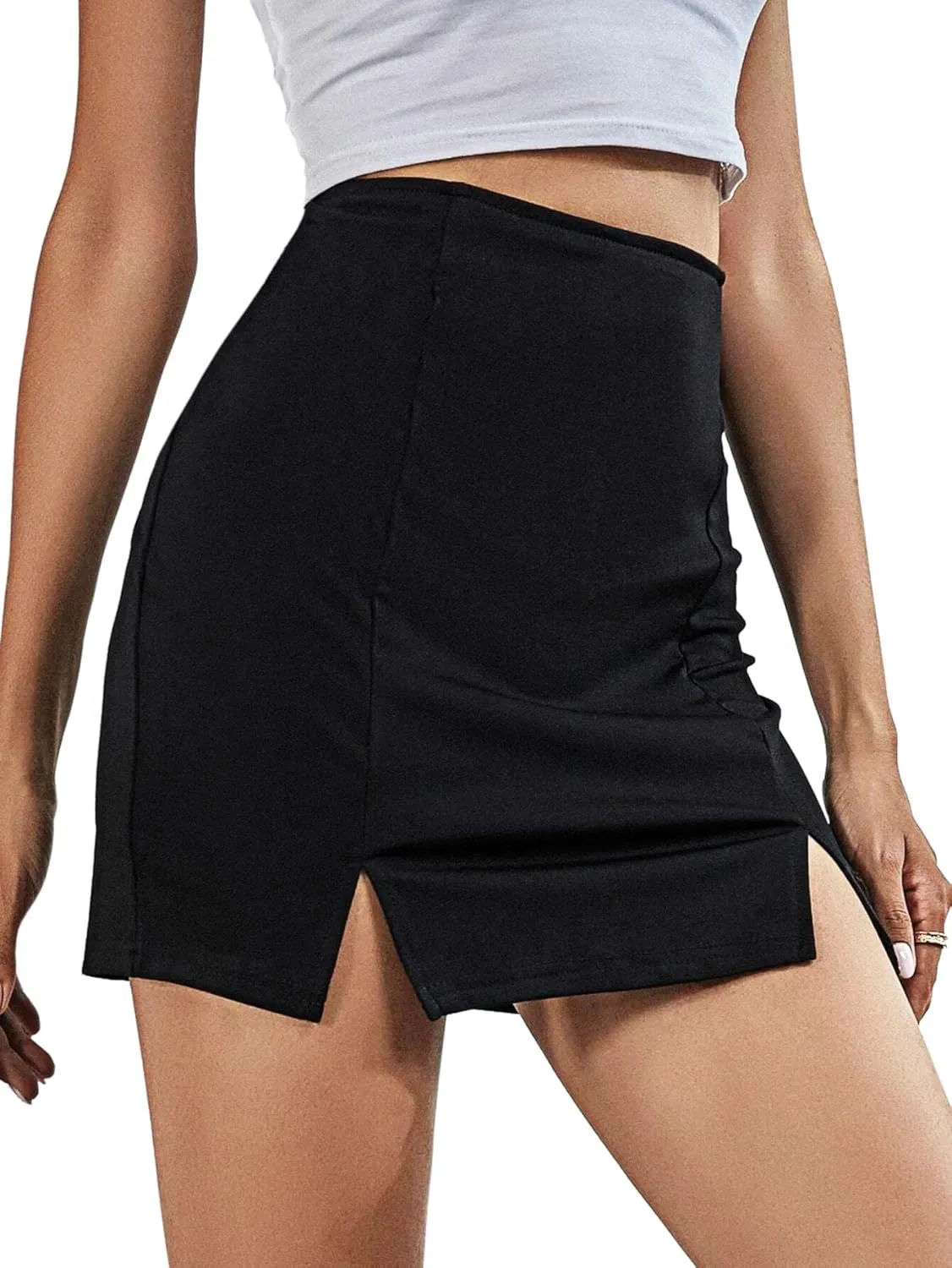 Slit Skirt for Women High Waist Sexy Mini Leg Slit Bodycon Skirts Stretchy