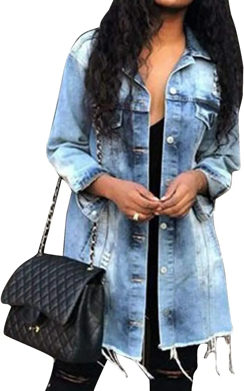 SOMTHRON Women's Distressed Denim Jeans Outfits Coat Spring Fall Ripped Jeans Outerwear Denim Jacket