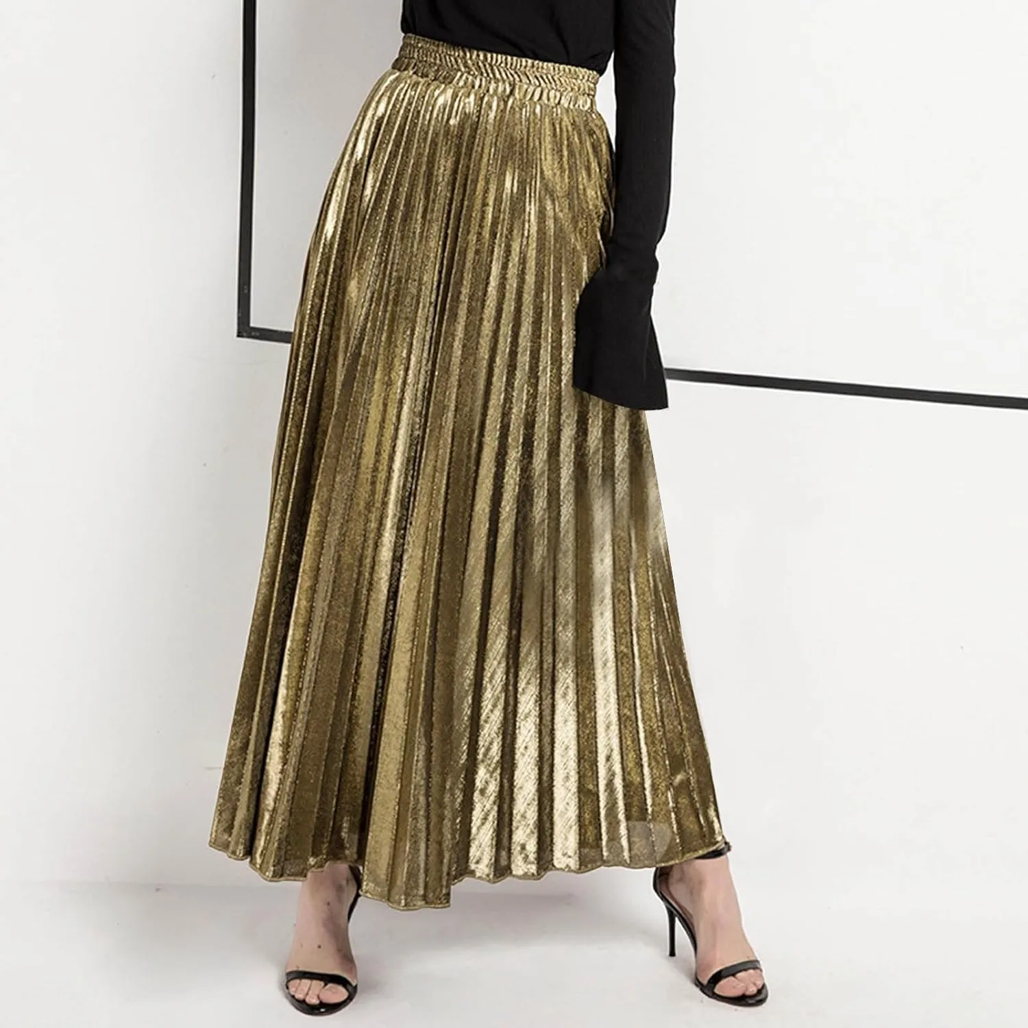 Spring and Summer New Pleated Skirt Long Skirt European and Large Size High Waist Big Swing Midi Skirt with Side