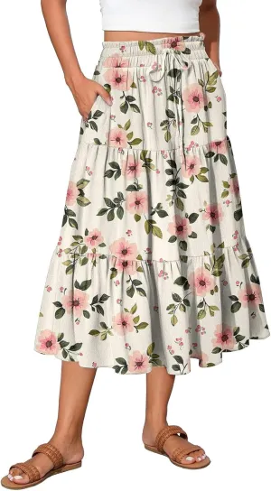 Spring Midi Skirts for Women Floral Beach Flowy Boho Skirt Tiered Pleated Swing A Line Elastic High Waisted Skirt