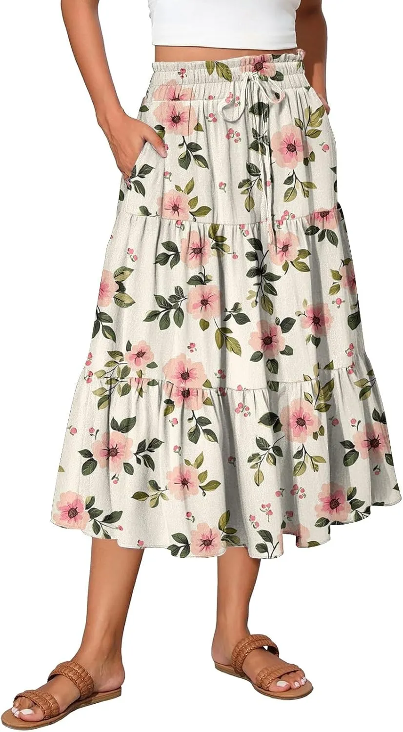 Spring Midi Skirts for Women Floral Beach Flowy Boho Skirt Tiered Pleated Swing A Line Elastic High Waisted Skirt