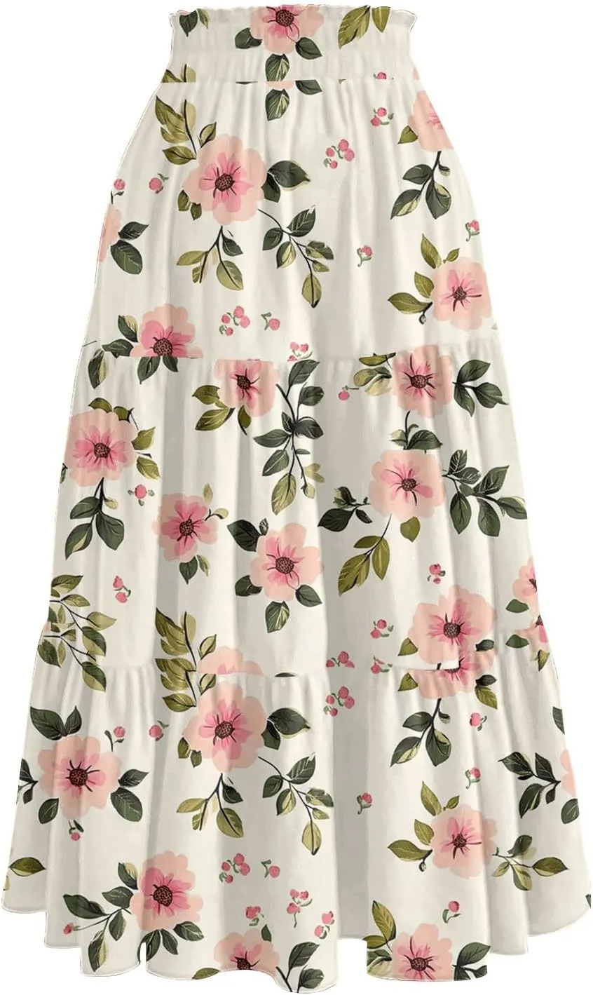 Spring Midi Skirts for Women Floral Beach Flowy Boho Skirt Tiered Pleated Swing A Line Elastic High Waisted Skirt