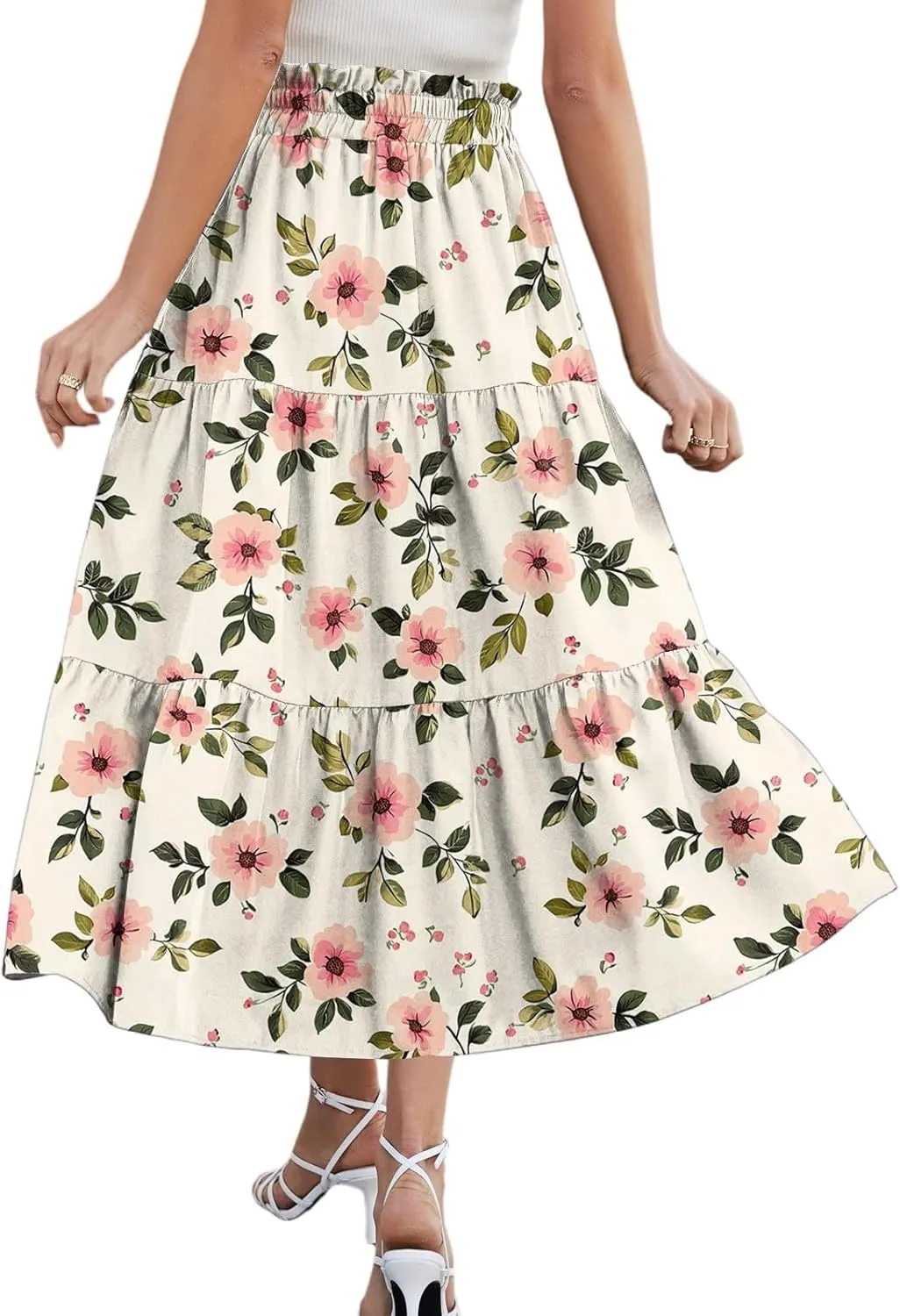 Spring Midi Skirts for Women Floral Beach Flowy Boho Skirt Tiered Pleated Swing A Line Elastic High Waisted Skirt