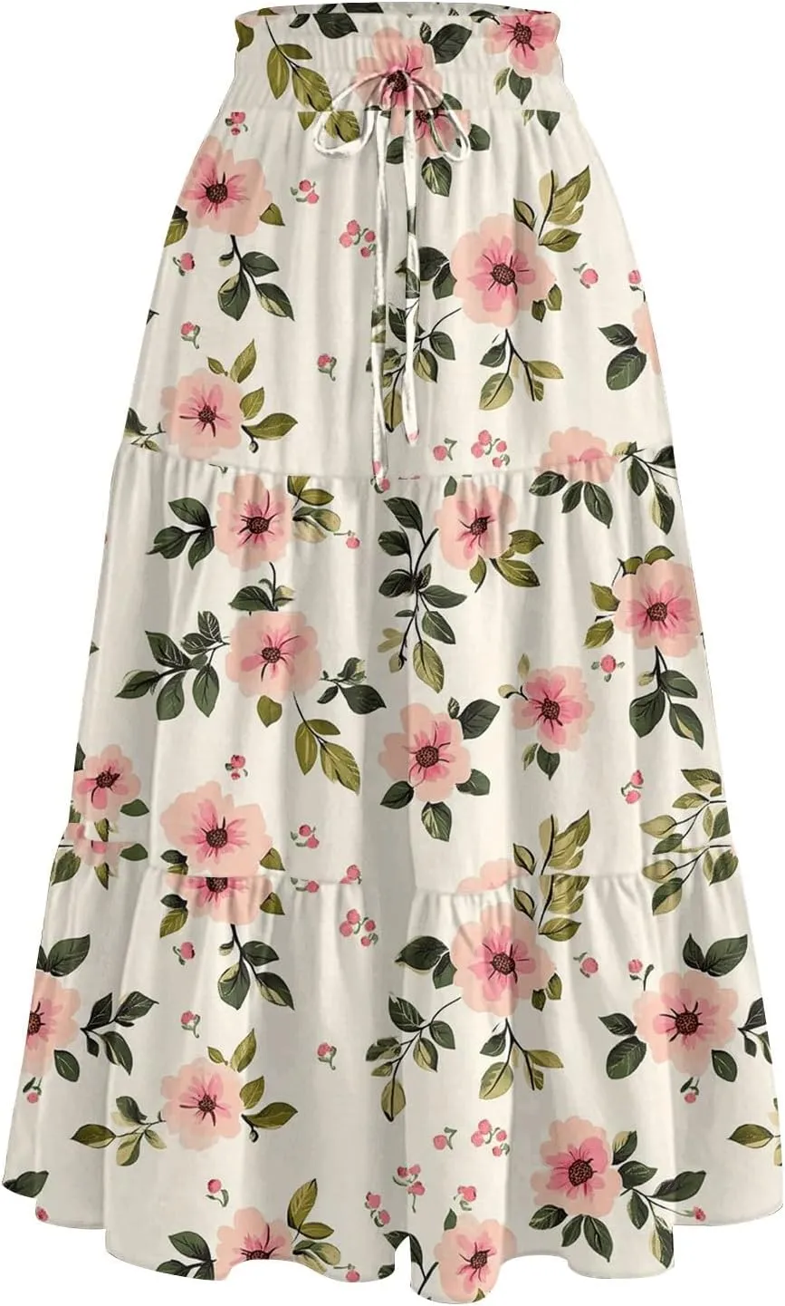 Spring Midi Skirts for Women Floral Beach Flowy Boho Skirt Tiered Pleated Swing A Line Elastic High Waisted Skirt