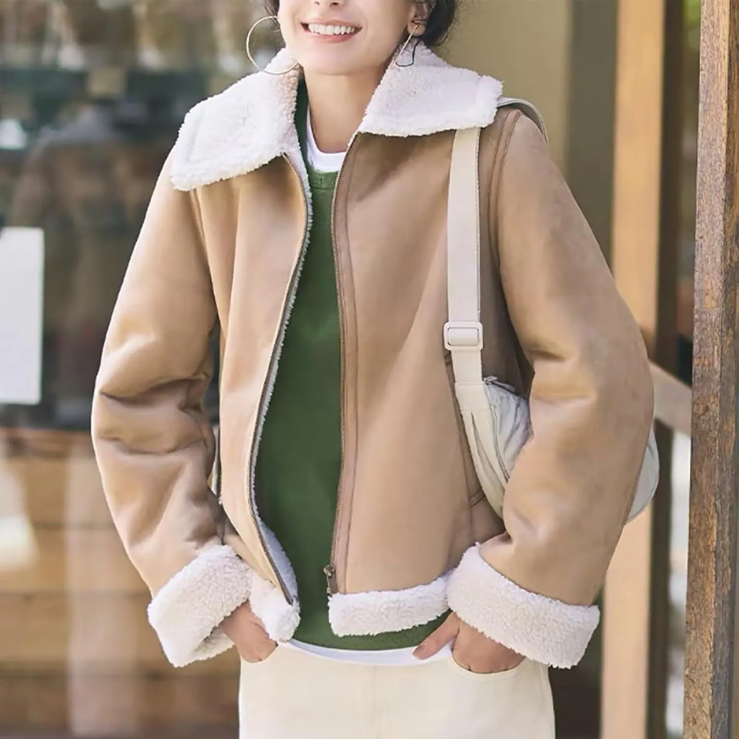 Suede Leather Jacket Women Winter Warm Sherpa Lined Motorcycle Coats Fur Shearling Short Coat Cropped Padded Outwear