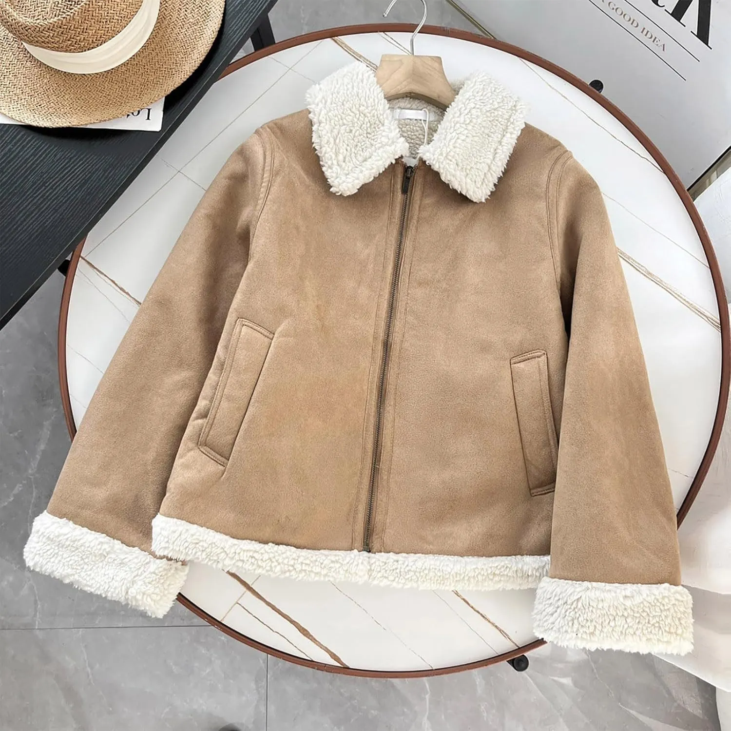 Suede Leather Jacket Women Winter Warm Sherpa Lined Motorcycle Coats Fur Shearling Short Coat Cropped Padded Outwear