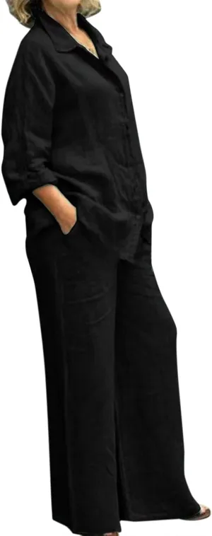 Summer 2 Piece Sets Women Cotton Linen Button Down Shirt and Wide Leg Pants Outfits Casual Comfy Beach Suit Plus Size