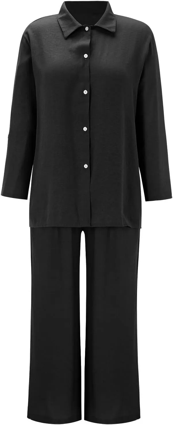 Summer 2 Piece Sets Women Cotton Linen Button Down Shirt and Wide Leg Pants Outfits Casual Comfy Beach Suit Plus Size
