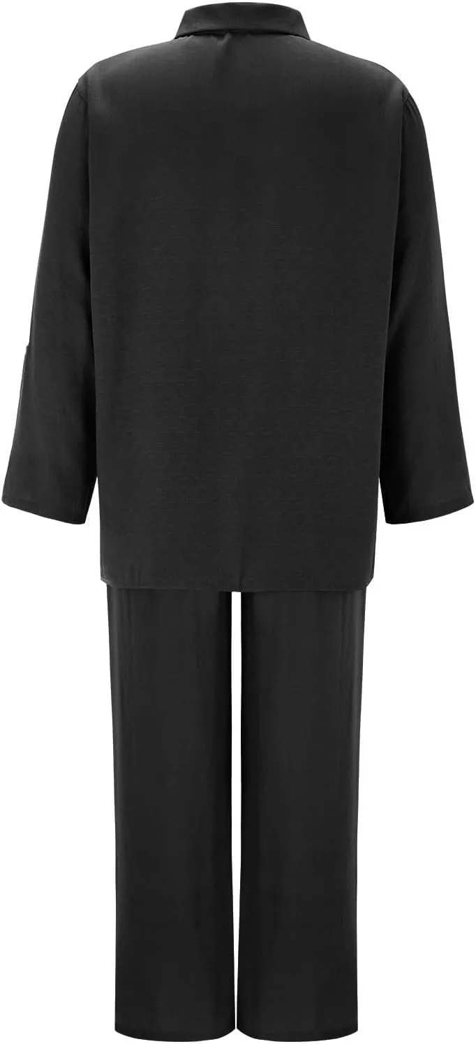 Summer 2 Piece Sets Women Cotton Linen Button Down Shirt and Wide Leg Pants Outfits Casual Comfy Beach Suit Plus Size