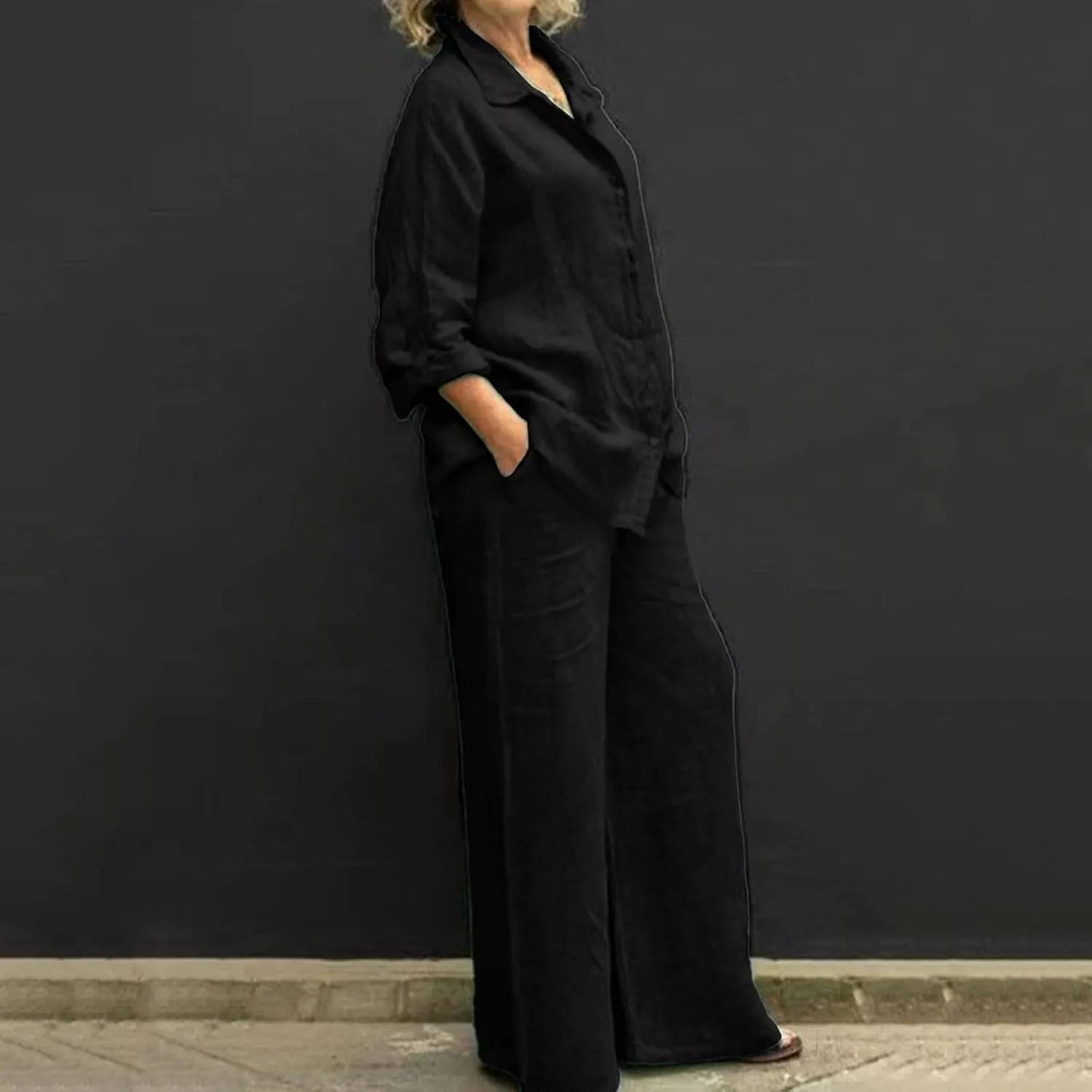 Summer 2 Piece Sets Women Cotton Linen Button Down Shirt and Wide Leg Pants Outfits Casual Comfy Beach Suit Plus Size