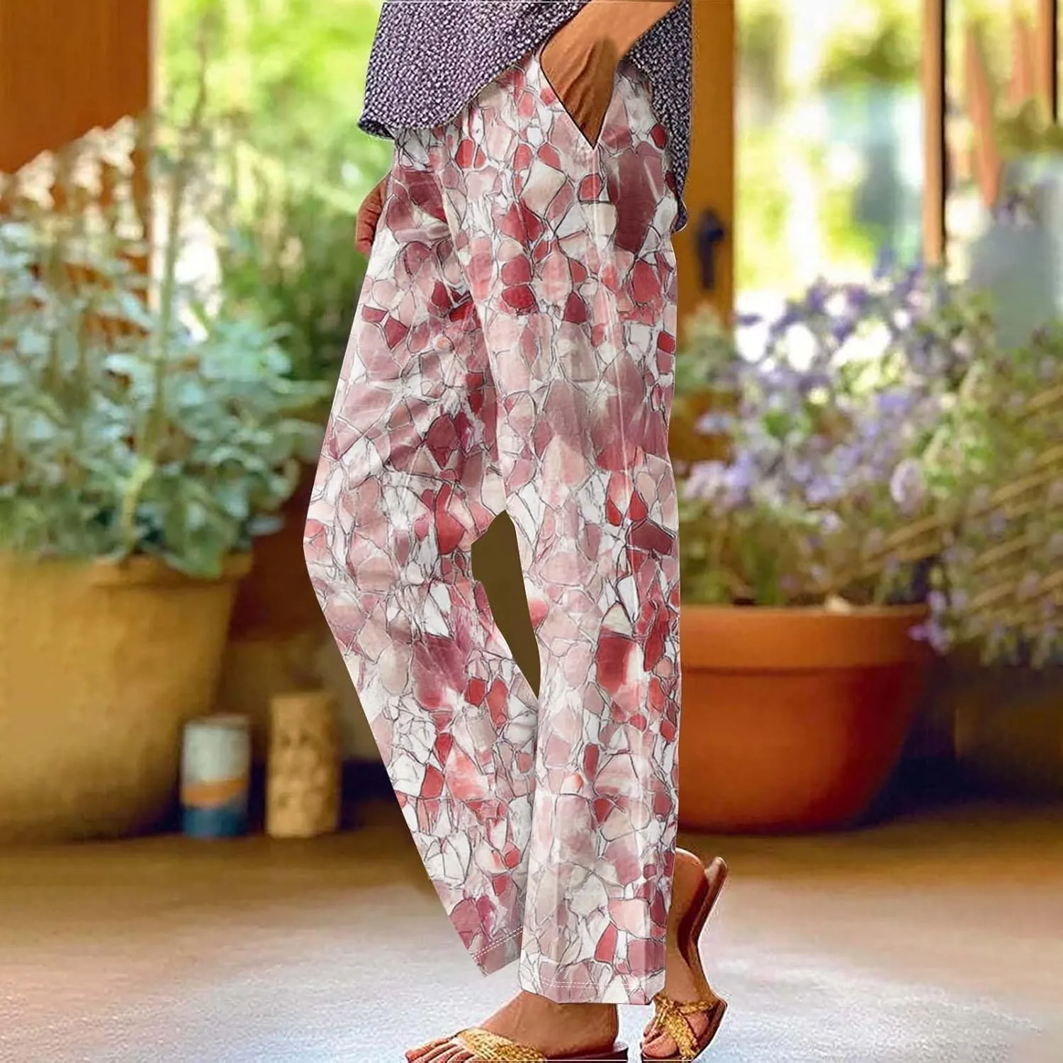 Summer Boho Cotton Linen Casual Pants for Women, Fashion Print Baggy Palazzo Pants Elastic Waist Pockets Trousers
