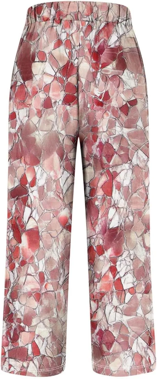 Summer Boho Cotton Linen Casual Pants for Women, Fashion Print Baggy Palazzo Pants Elastic Waist Pockets Trousers
