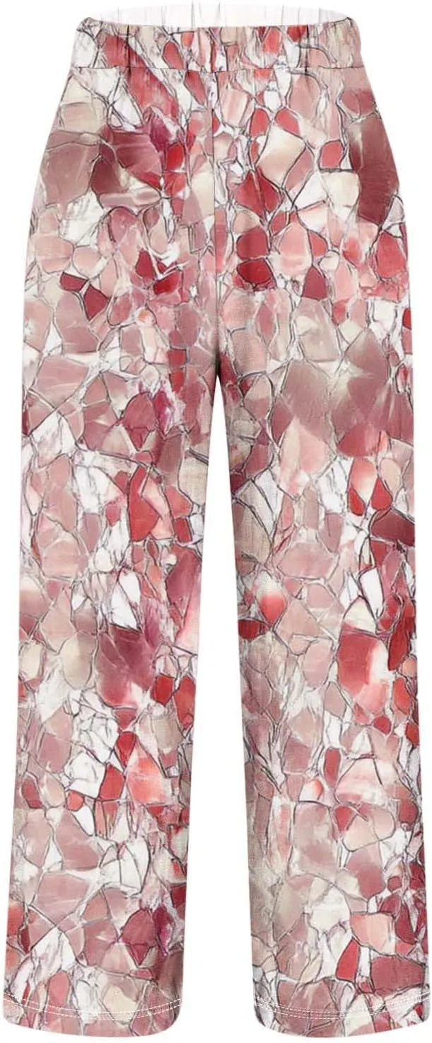 Summer Boho Cotton Linen Casual Pants for Women, Fashion Print Baggy Palazzo Pants Elastic Waist Pockets Trousers