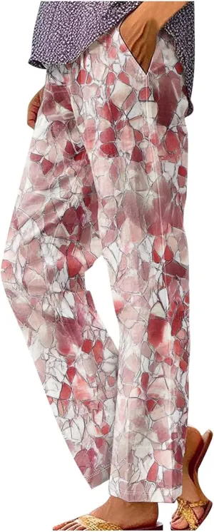 Summer Boho Cotton Linen Casual Pants for Women, Fashion Print Baggy Palazzo Pants Elastic Waist Pockets Trousers