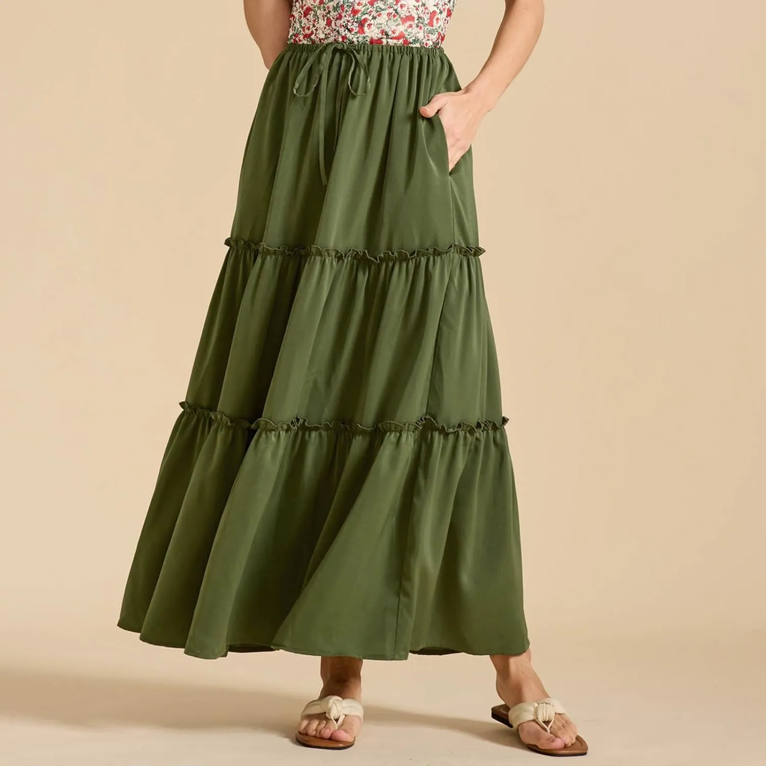 Summer Skirts for Women Tiered Pleated A-Line Elastic Waist Drawstring Flowy Beach Maxi Skirt Vacation Trendy Outfit