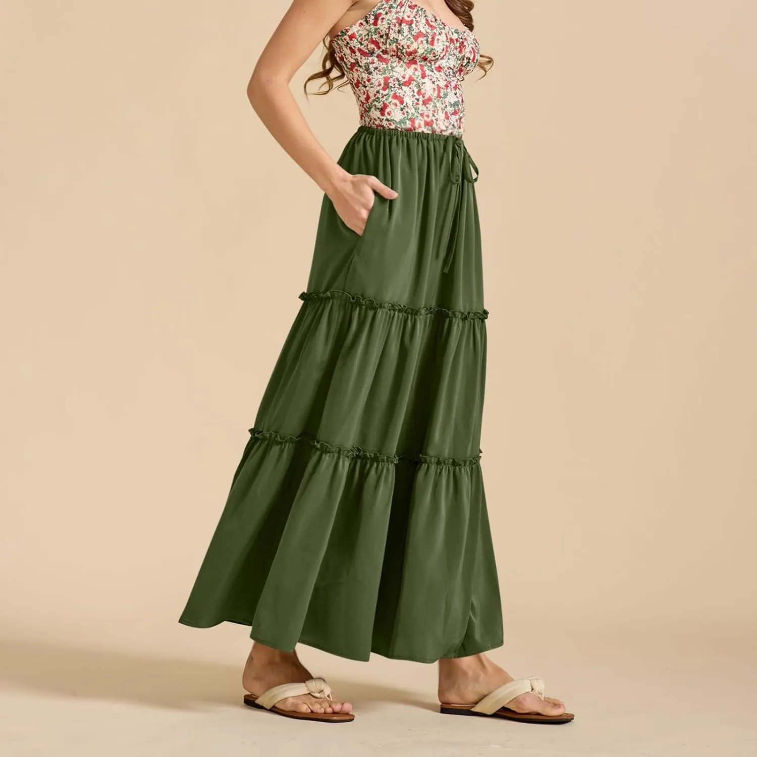Summer Skirts for Women Tiered Pleated A-Line Elastic Waist Drawstring Flowy Beach Maxi Skirt Vacation Trendy Outfit