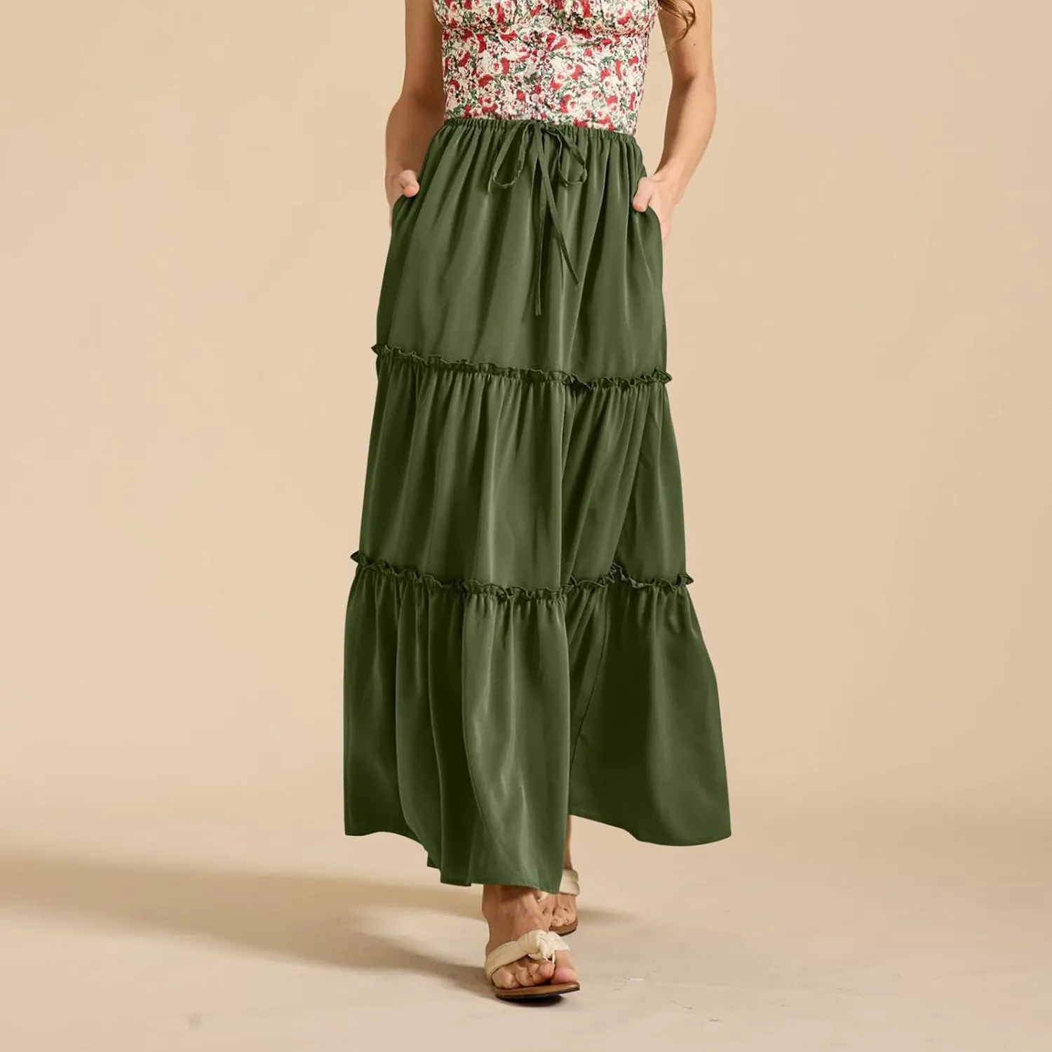 Summer Skirts for Women Tiered Pleated A-Line Elastic Waist Drawstring Flowy Beach Maxi Skirt Vacation Trendy Outfit