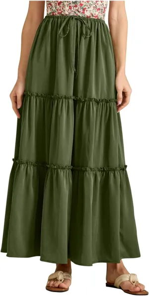 Summer Skirts for Women Tiered Pleated A-Line Elastic Waist Drawstring Flowy Beach Maxi Skirt Vacation Trendy Outfit