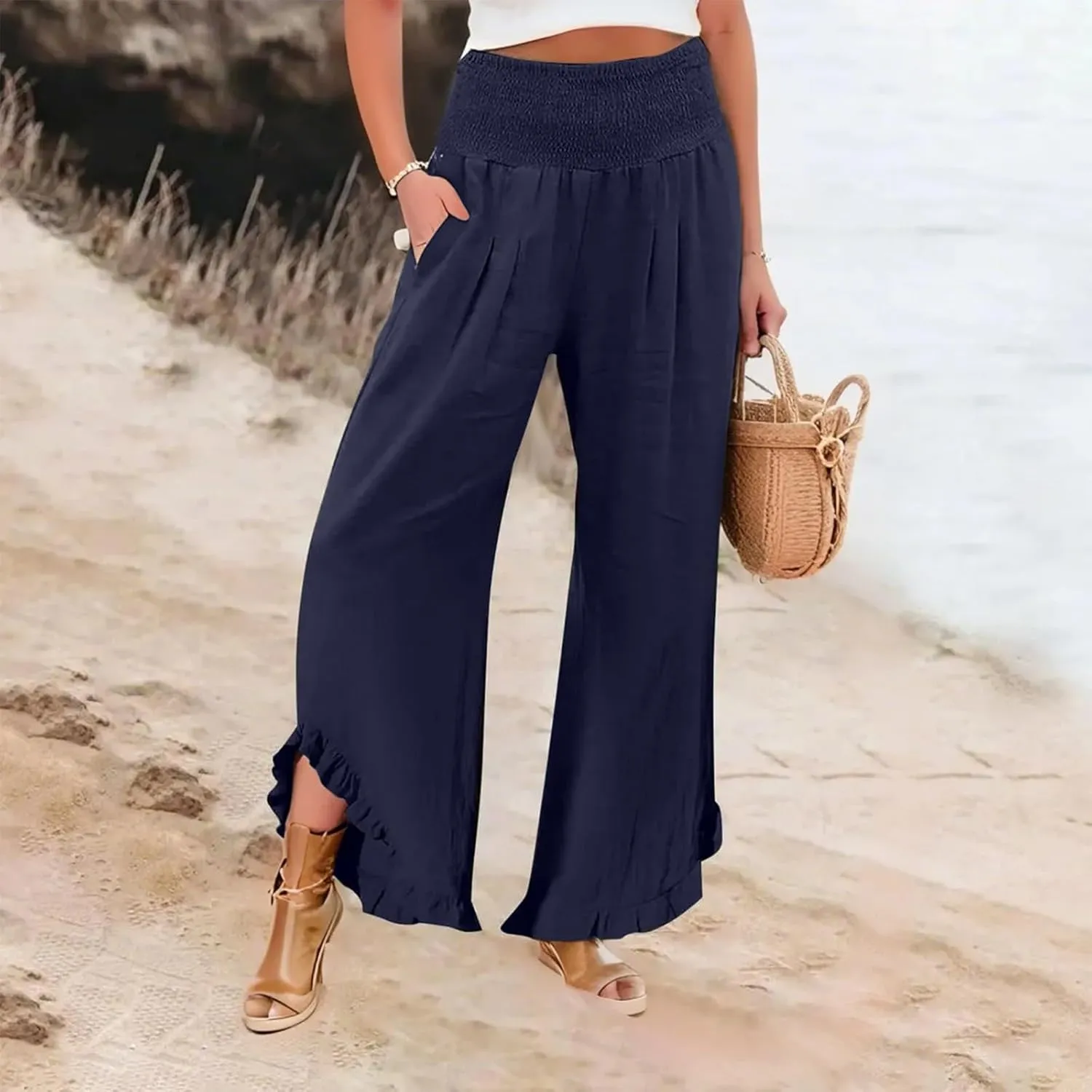 Sweatpants Women,Linen Summer Pants for Women Trendy 2025 Elastic High Waisted Wide Leg Womens Capris with Pockets